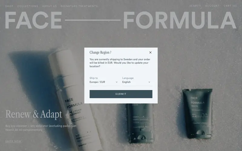 Face Formula 웹사이트 데스크톱 화면 스크린샷 — 실험적인, 모노크롬 스타일