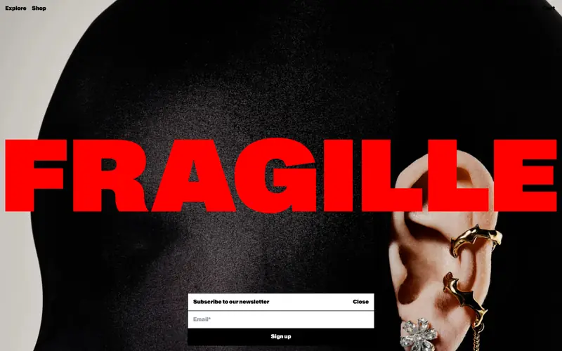 Fragille 웹사이트 데스크톱 화면 스크린샷 — 다크 모드, 타이포그래피 스타일