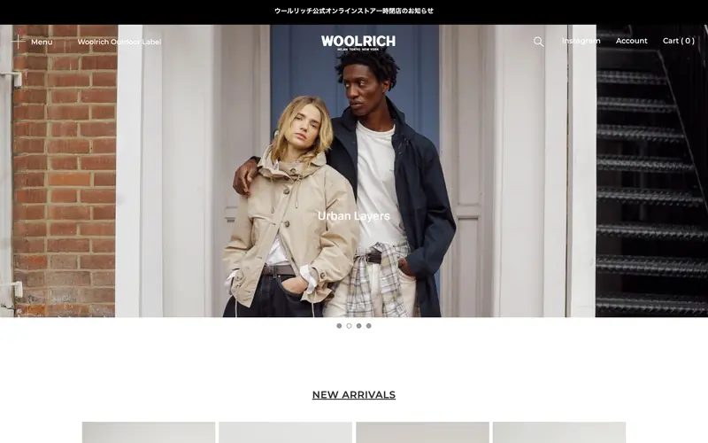 WOOLRICH Japan 웹사이트 데스크톱 화면 스크린샷 — 레트로, 기업형 스타일