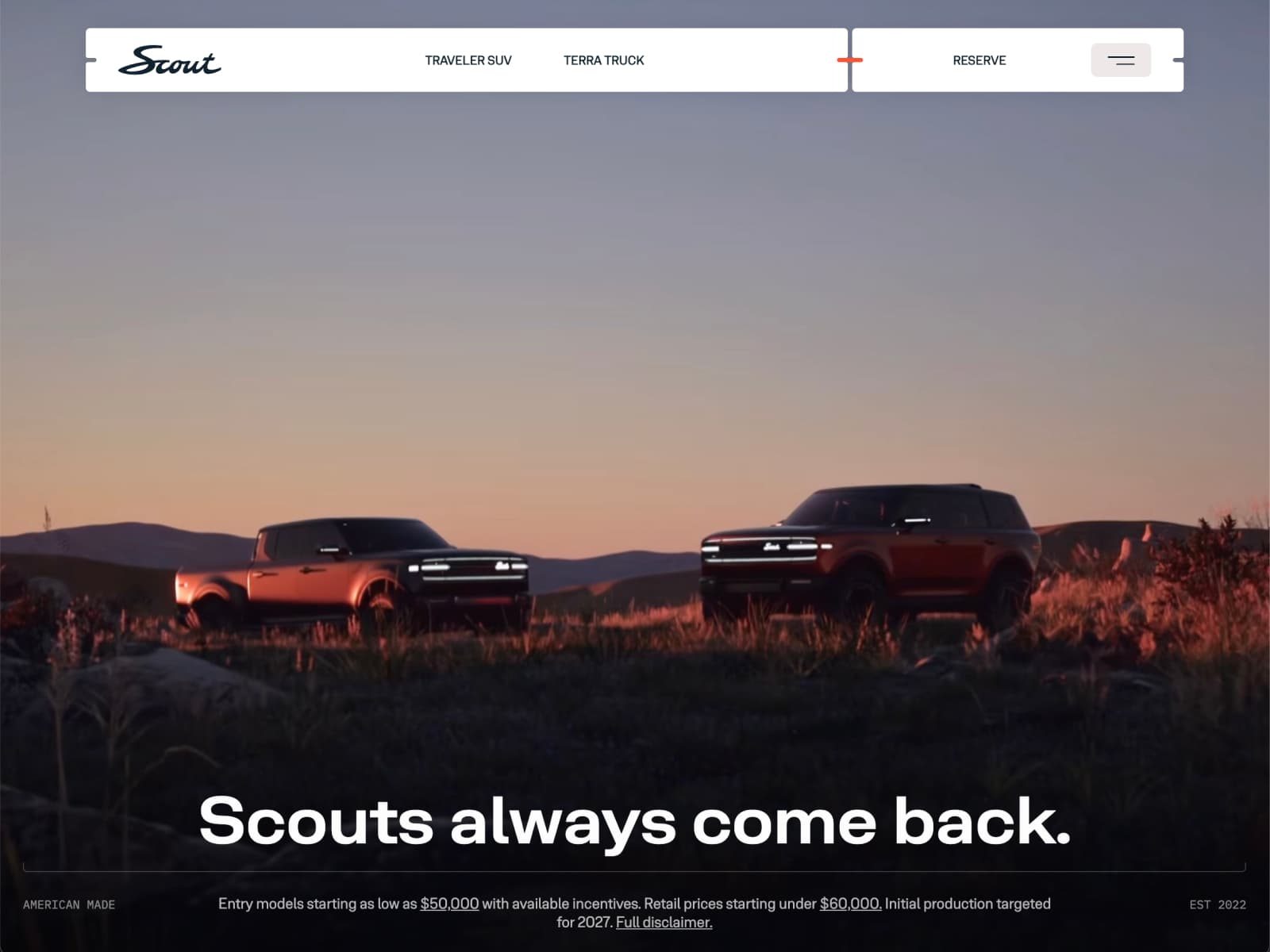 Scout Motors 웹사이트 데스크톱 화면 스크린샷 — 모노크롬 스타일