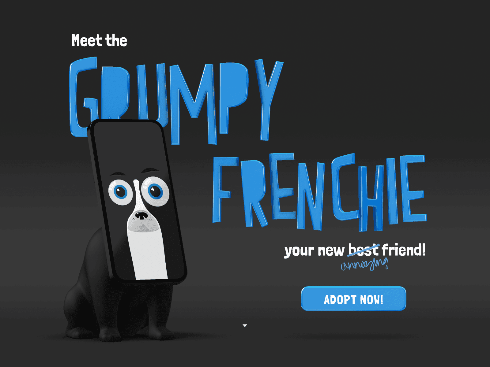 Grumpy Frenchie 웹사이트 데스크톱 화면 스크린샷 — 모노크롬 스타일