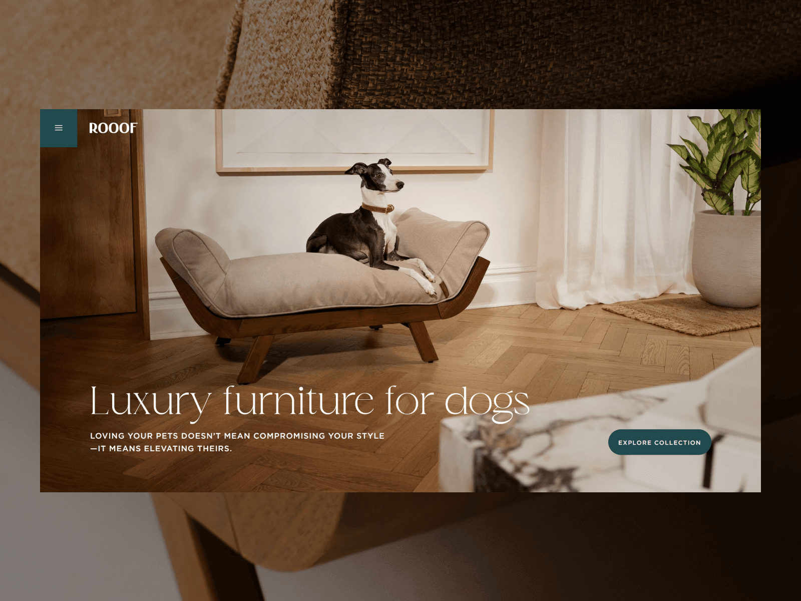 ROOOF Pet Furniture 웹사이트 데스크톱 화면 스크린샷 — 인터랙션·애니메이션 스타일