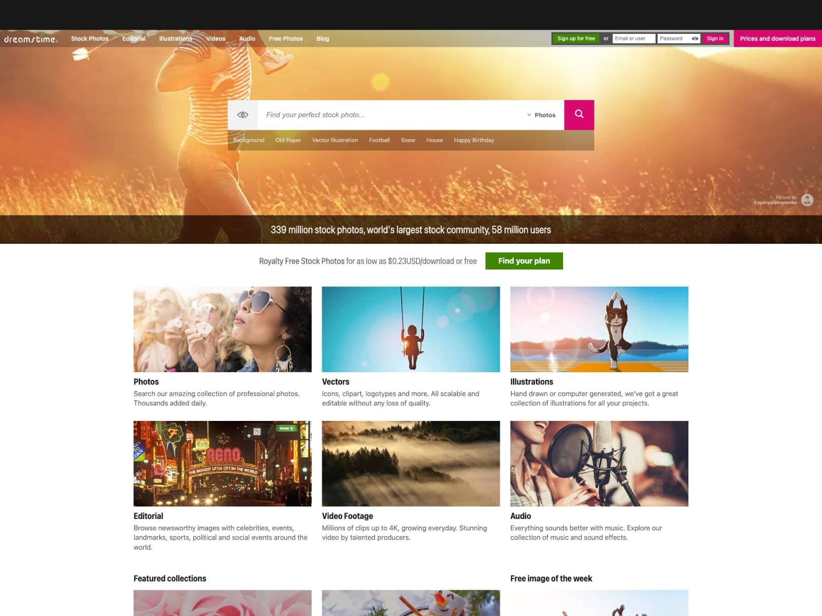 Dreamstime 웹사이트 데스크톱 화면 스크린샷 — 브루탈리즘 스타일