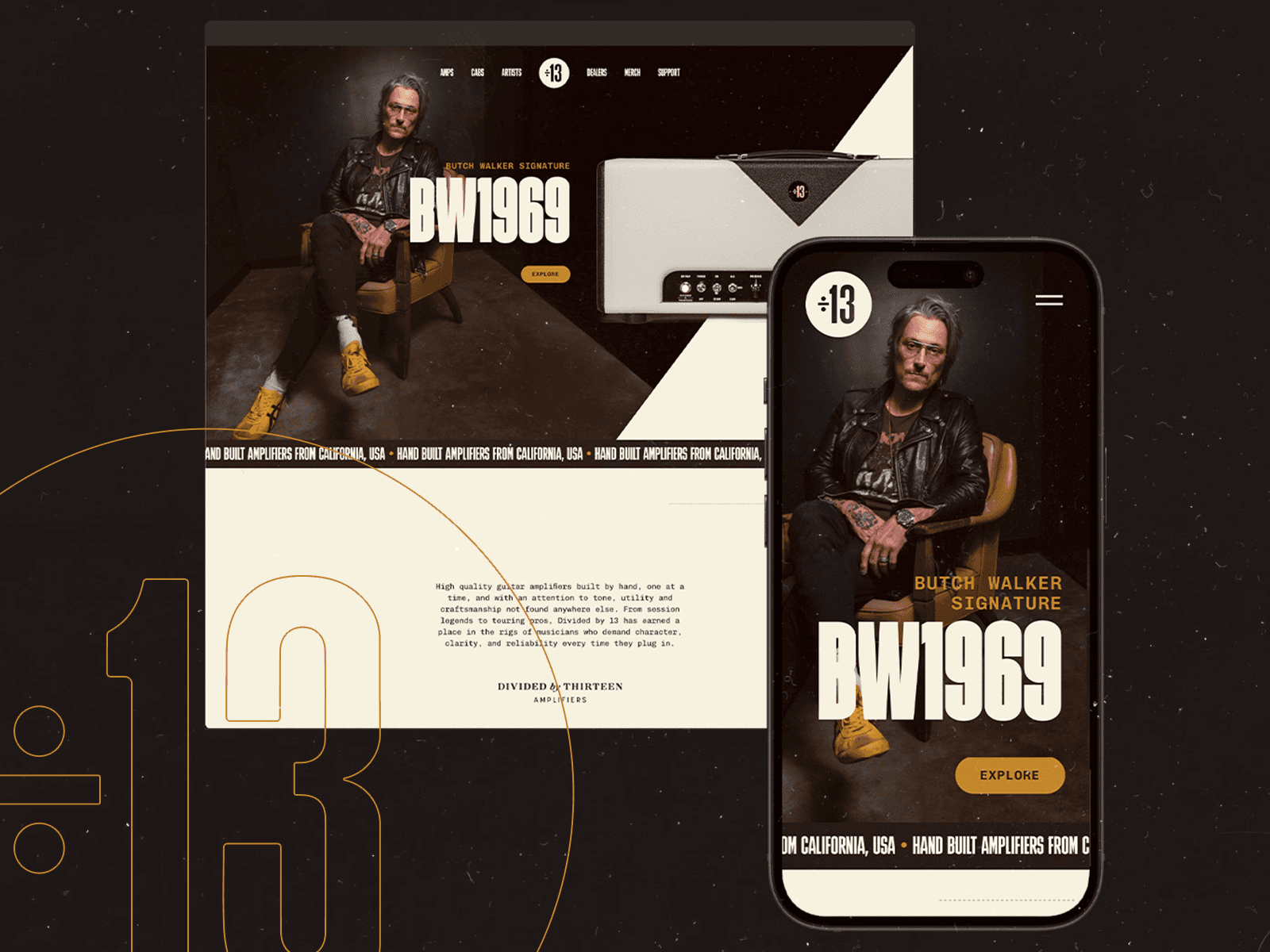 Divided by 13 Amplifiers 웹사이트 데스크톱 화면 스크린샷 — 다크 모드 스타일