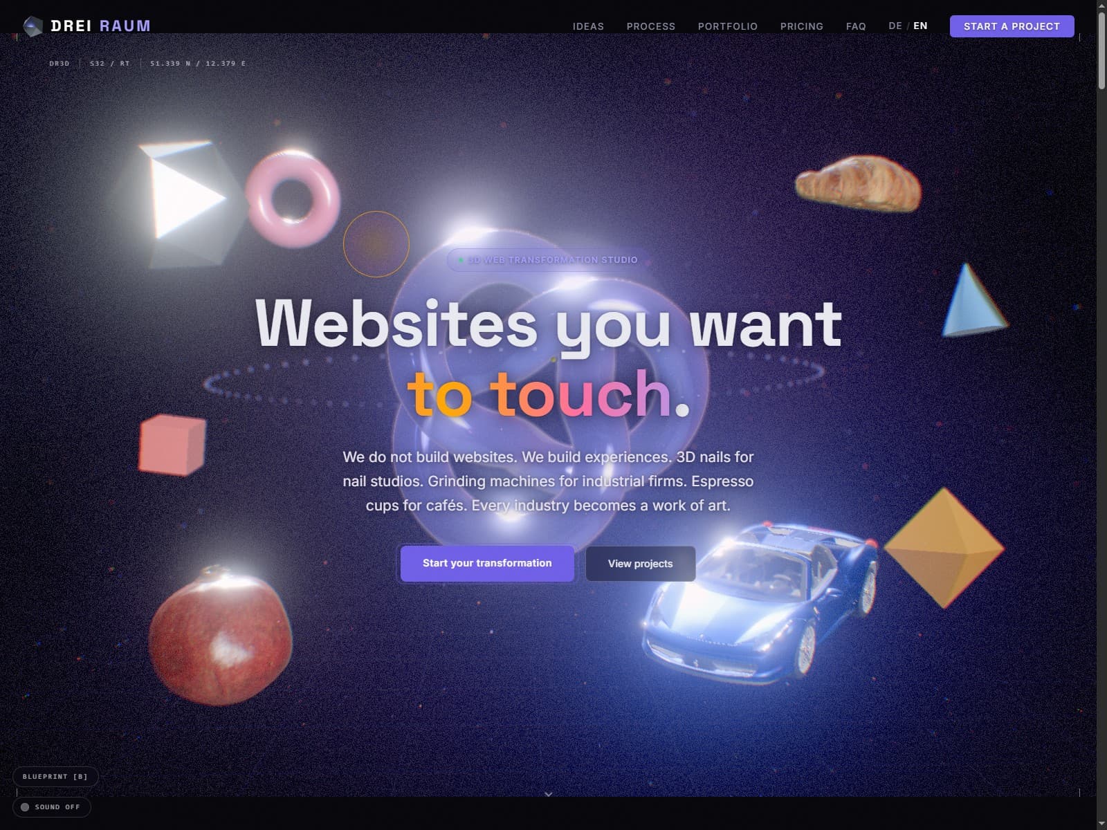 DREIRAUM: 3D Web Transformation Studio 데스크톱 화면