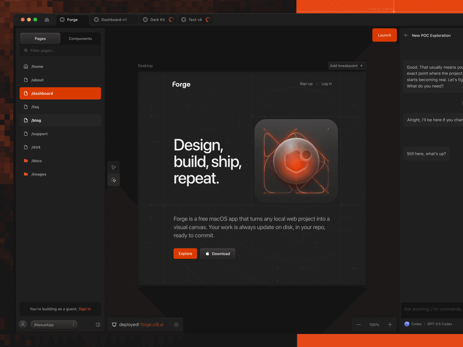 Forge — Design, build, ship, repeat. 데스크톱 화면