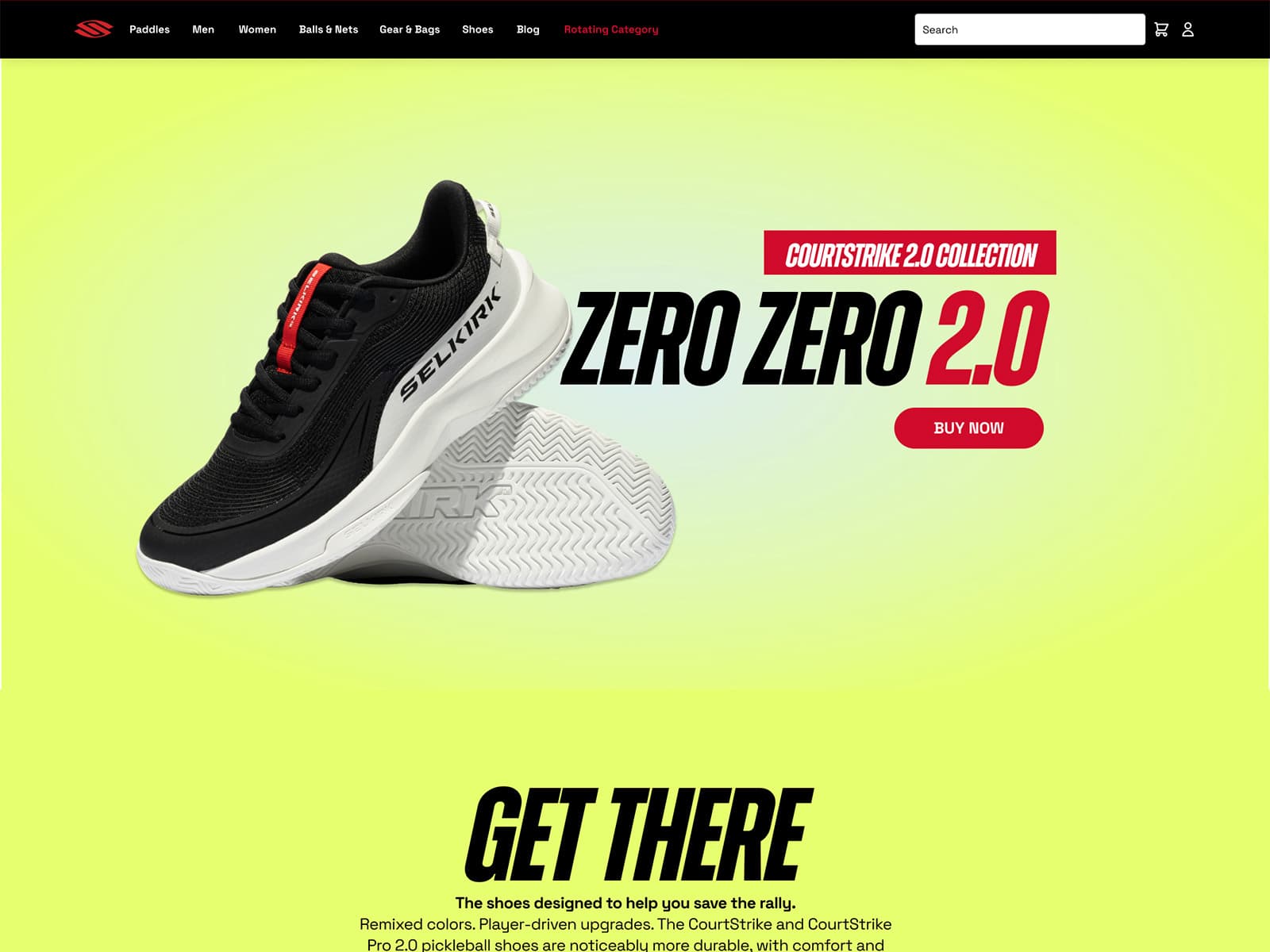 Selkirk CS 2.0 Shoes 웹사이트 데스크톱 화면 스크린샷 — 다크 모드 스타일