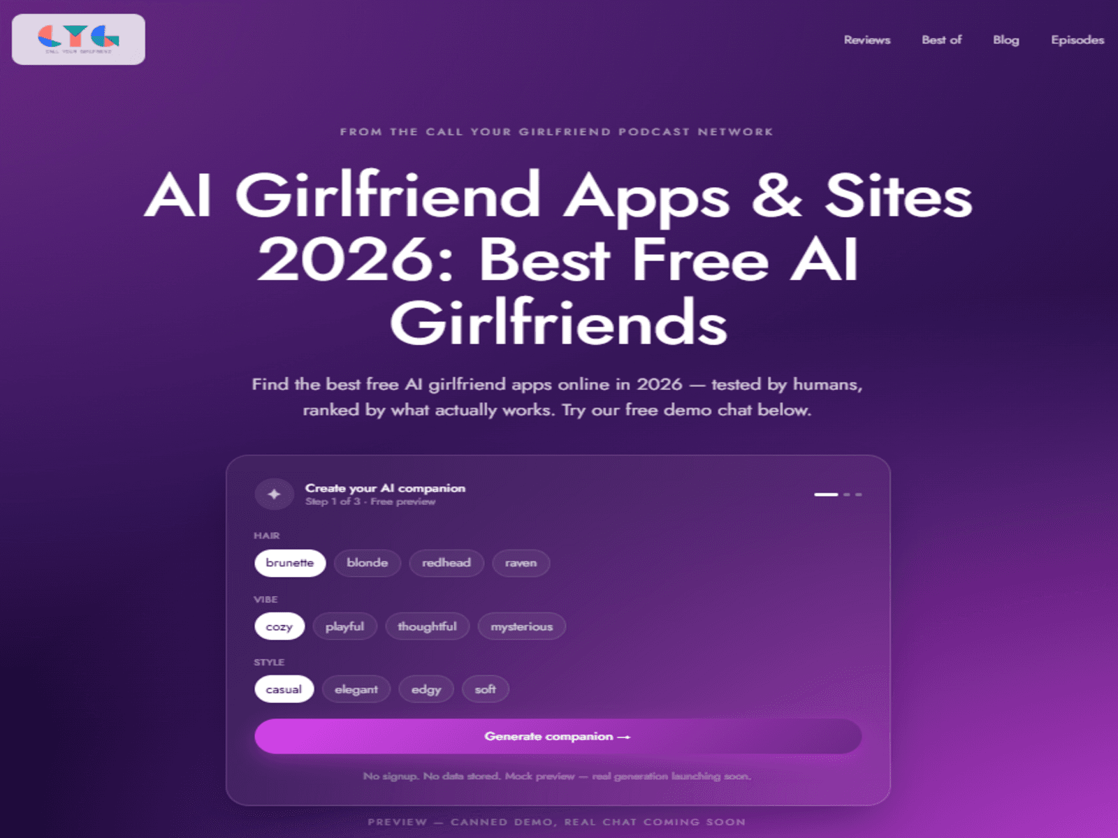 Best AI Girlfriend Sites in 2026: Tested & Reviewed 데스크톱 화면