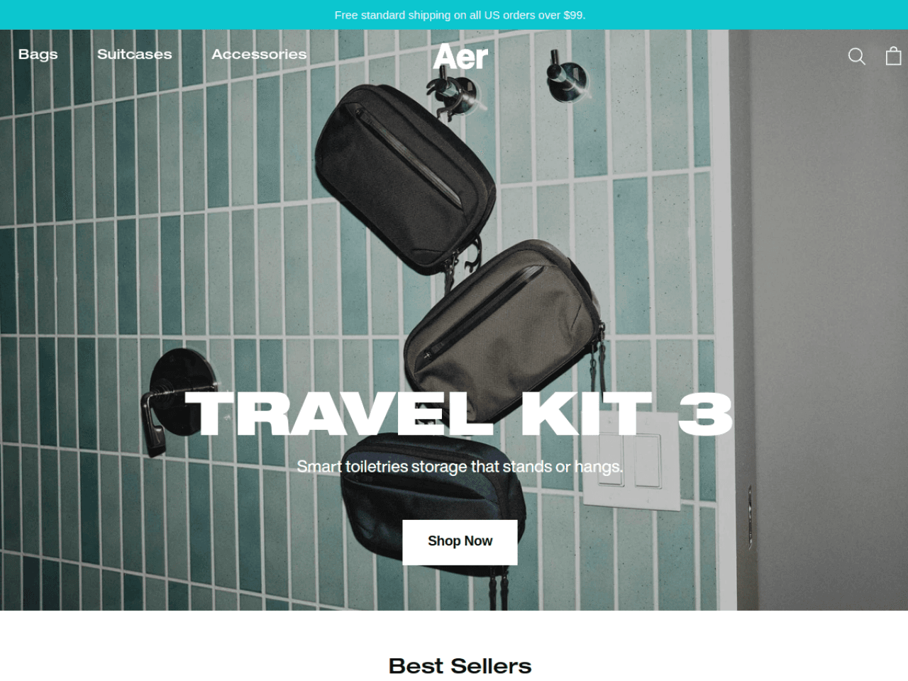 Aer Bags SF 웹사이트 데스크톱 화면 스크린샷 — 다크 모드, 인터랙션·애니메이션 스타일