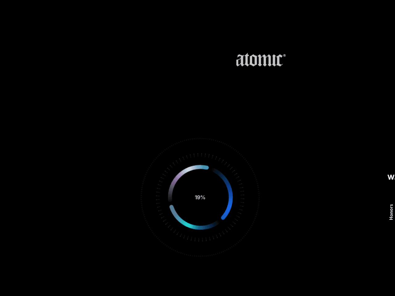 Atomic 웹사이트 데스크톱 화면 스크린샷 — 브루탈리즘, 인터랙션·애니메이션 스타일
