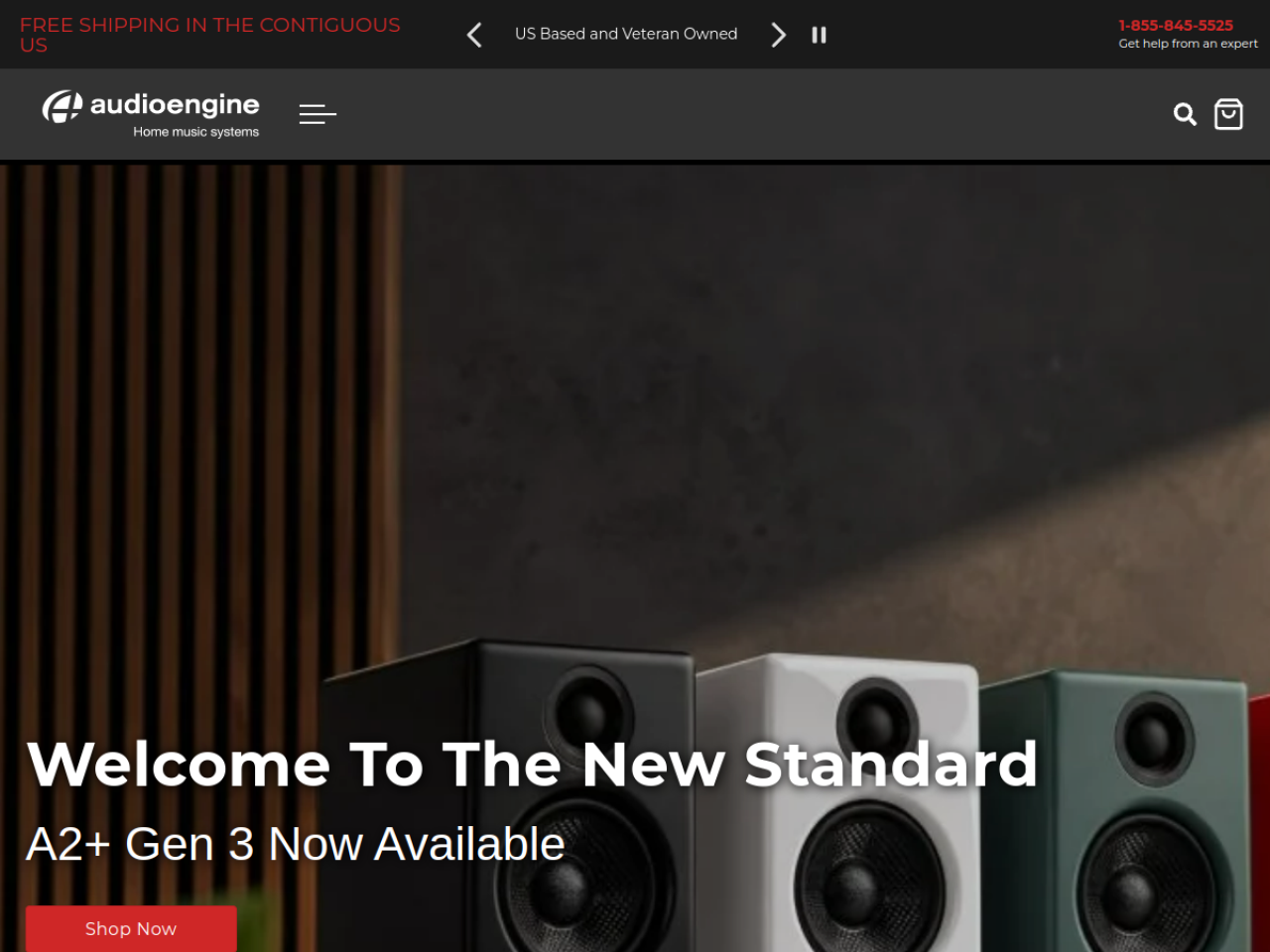 Audioengine 웹사이트 데스크톱 화면 스크린샷 — 미니멀, 인터랙션·애니메이션 스타일