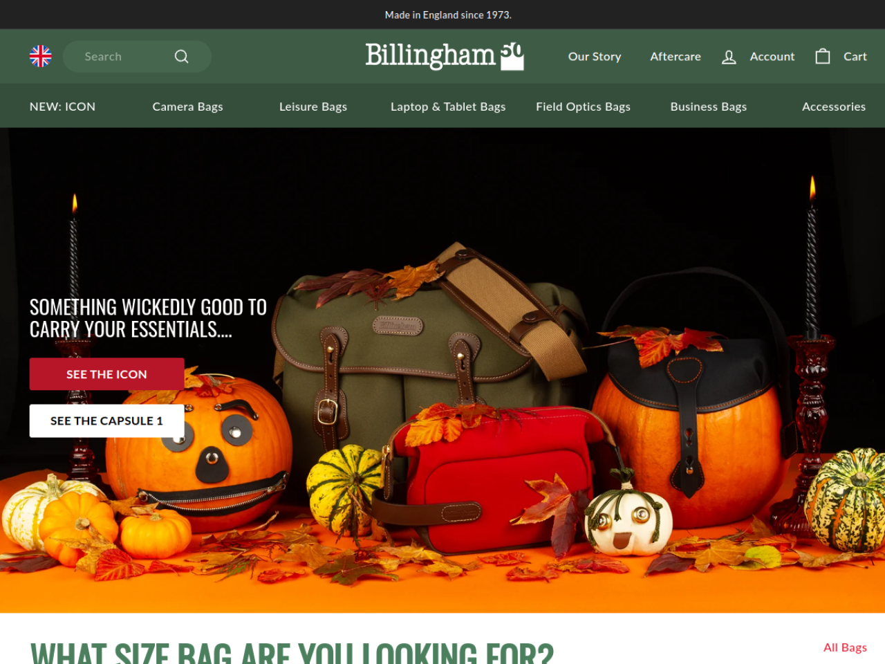 Billingham Bags 웹사이트 데스크톱 화면 스크린샷 — 레트로, 다크 모드 스타일
