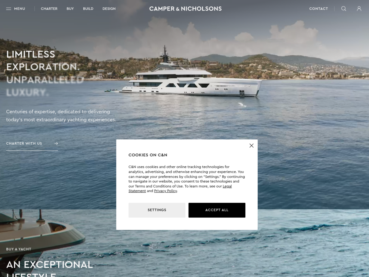 Camperandnicholsons 웹사이트 데스크톱 화면 스크린샷 — 레트로, 기업형 스타일