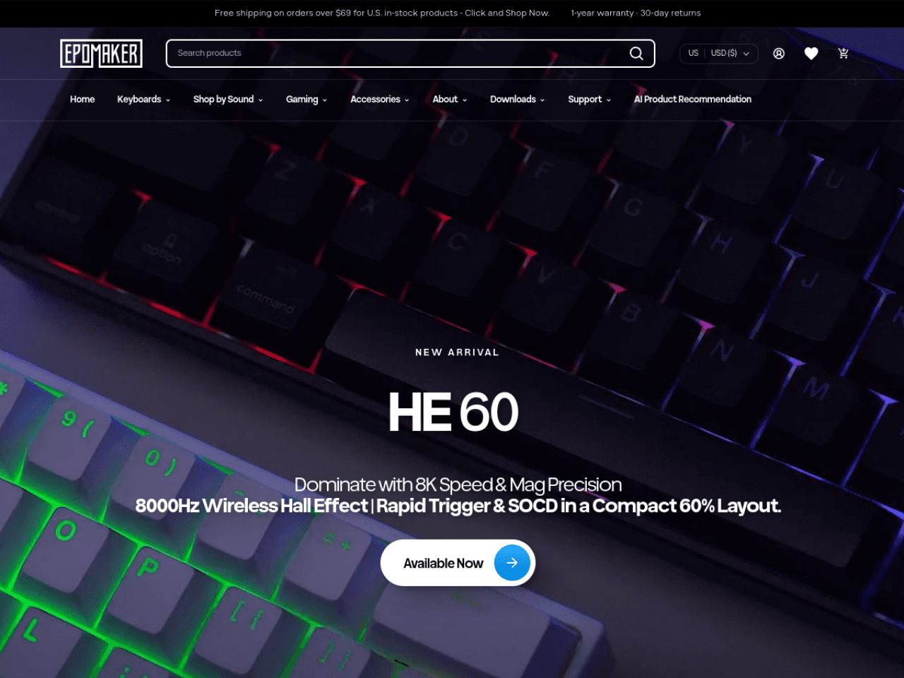 Epomaker Keyboards 웹사이트 데스크톱 화면 스크린샷 — 컬러풀, 미니멀 스타일