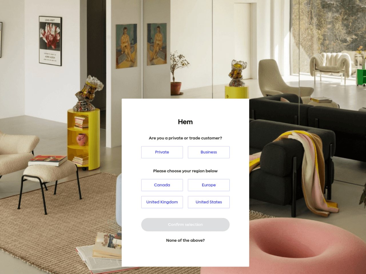 Hem Furniture 웹사이트 데스크톱 화면 스크린샷 — 컬러풀, 타이포그래피 스타일