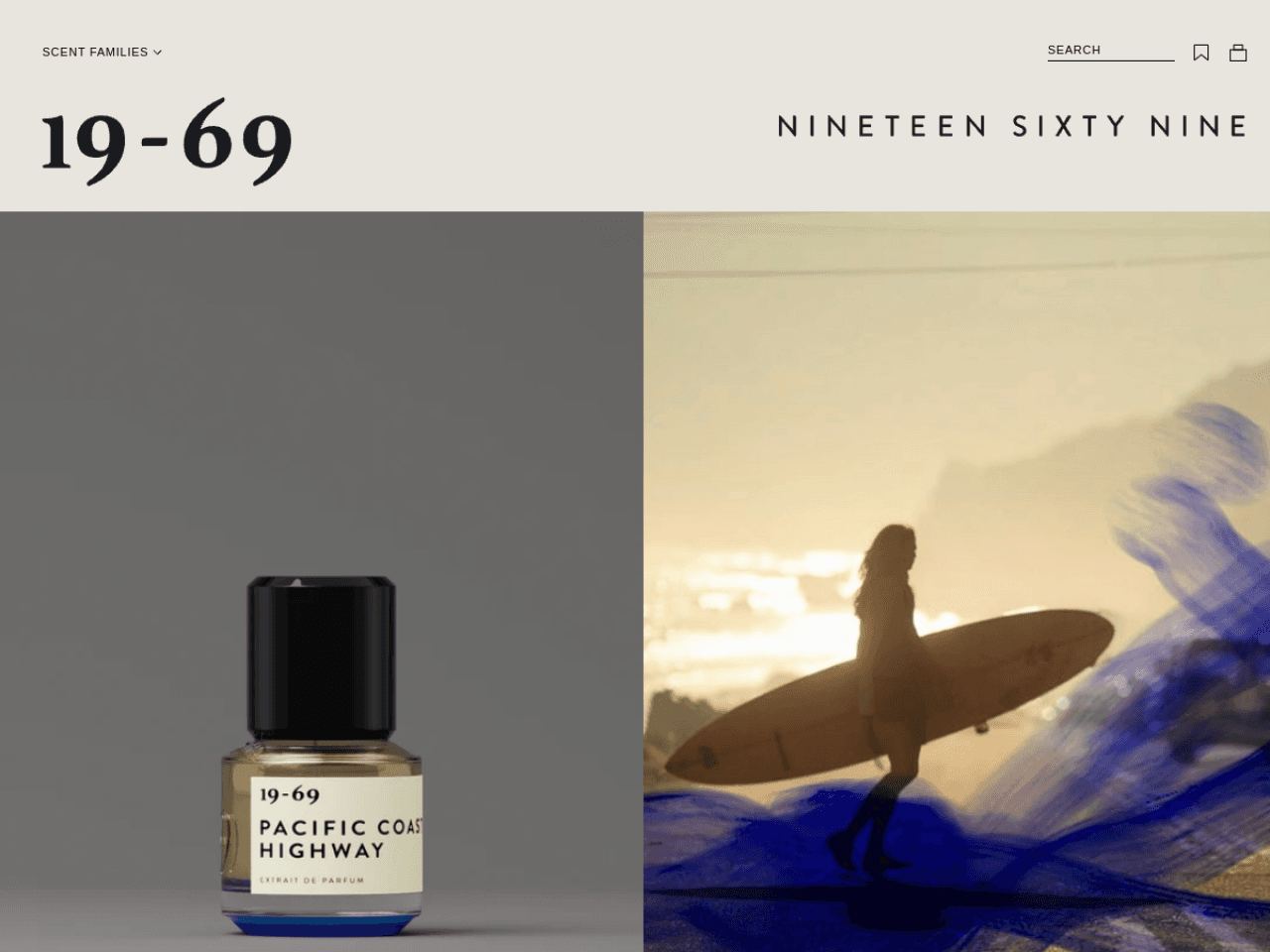 19-69 Parfums 웹사이트 데스크톱 화면 스크린샷 — 컬러풀, 모노크롬 스타일