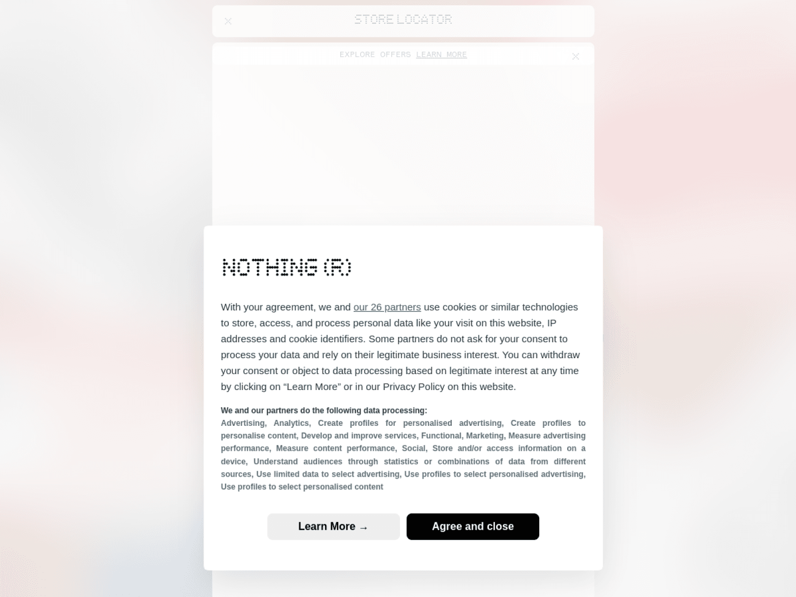 Nothing Tech 웹사이트 데스크톱 화면 스크린샷 — 브루탈리즘, 타이포그래피 스타일