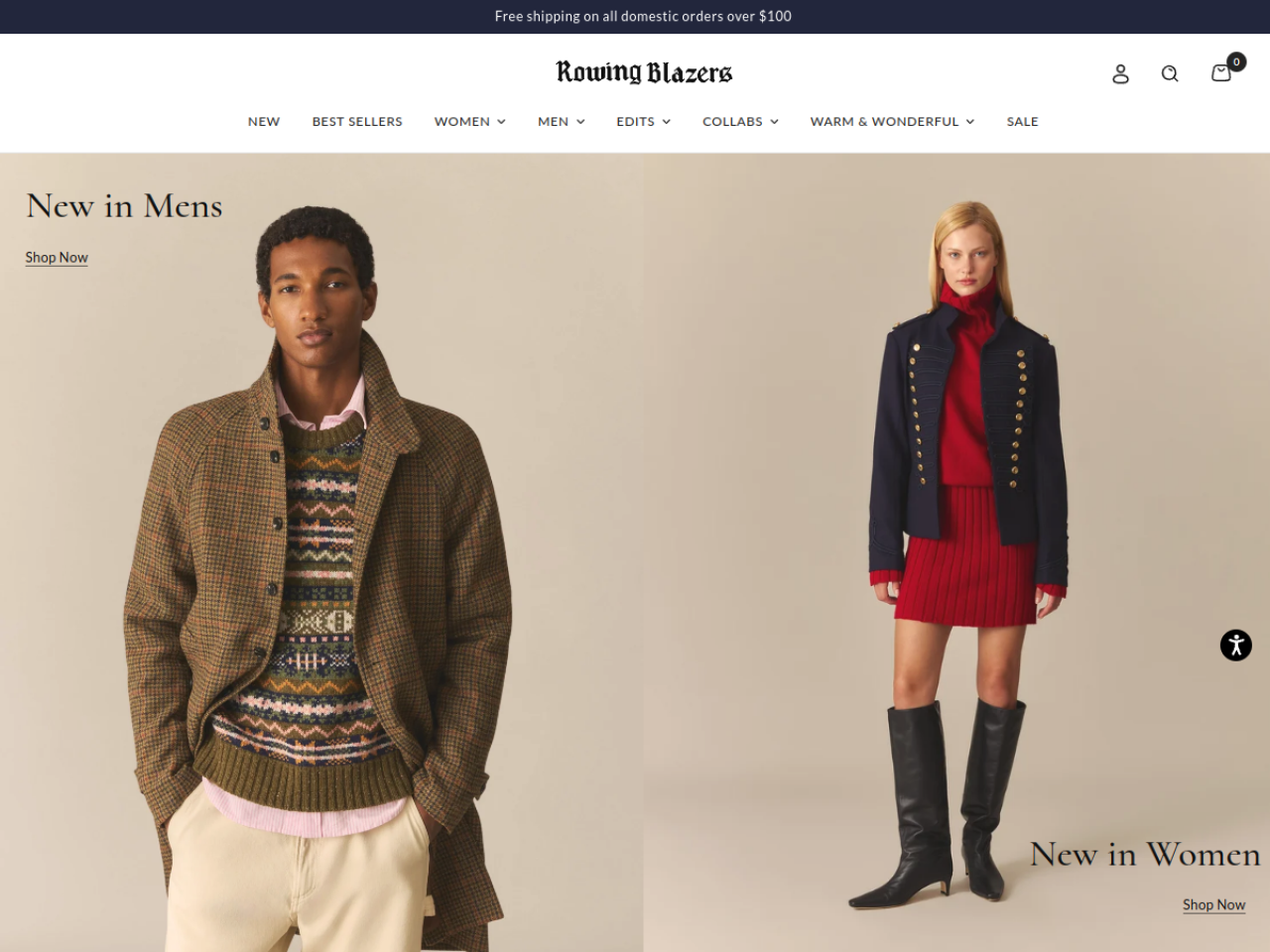 Rowing Blazers 웹사이트 데스크톱 화면 스크린샷 — 컬러풀, 에디토리얼 스타일