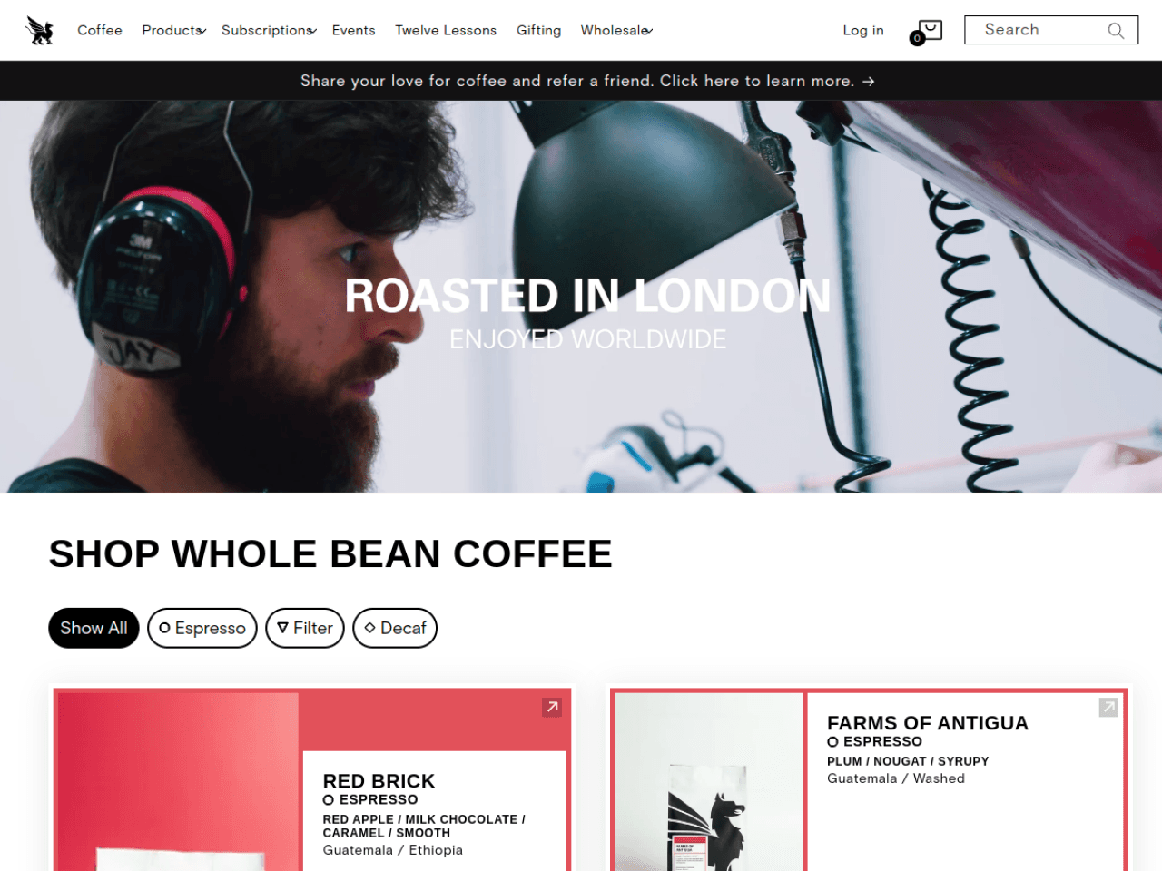 Square Mile Coffee 웹사이트 데스크톱 화면 스크린샷 — 미니멀, 컬러풀 스타일