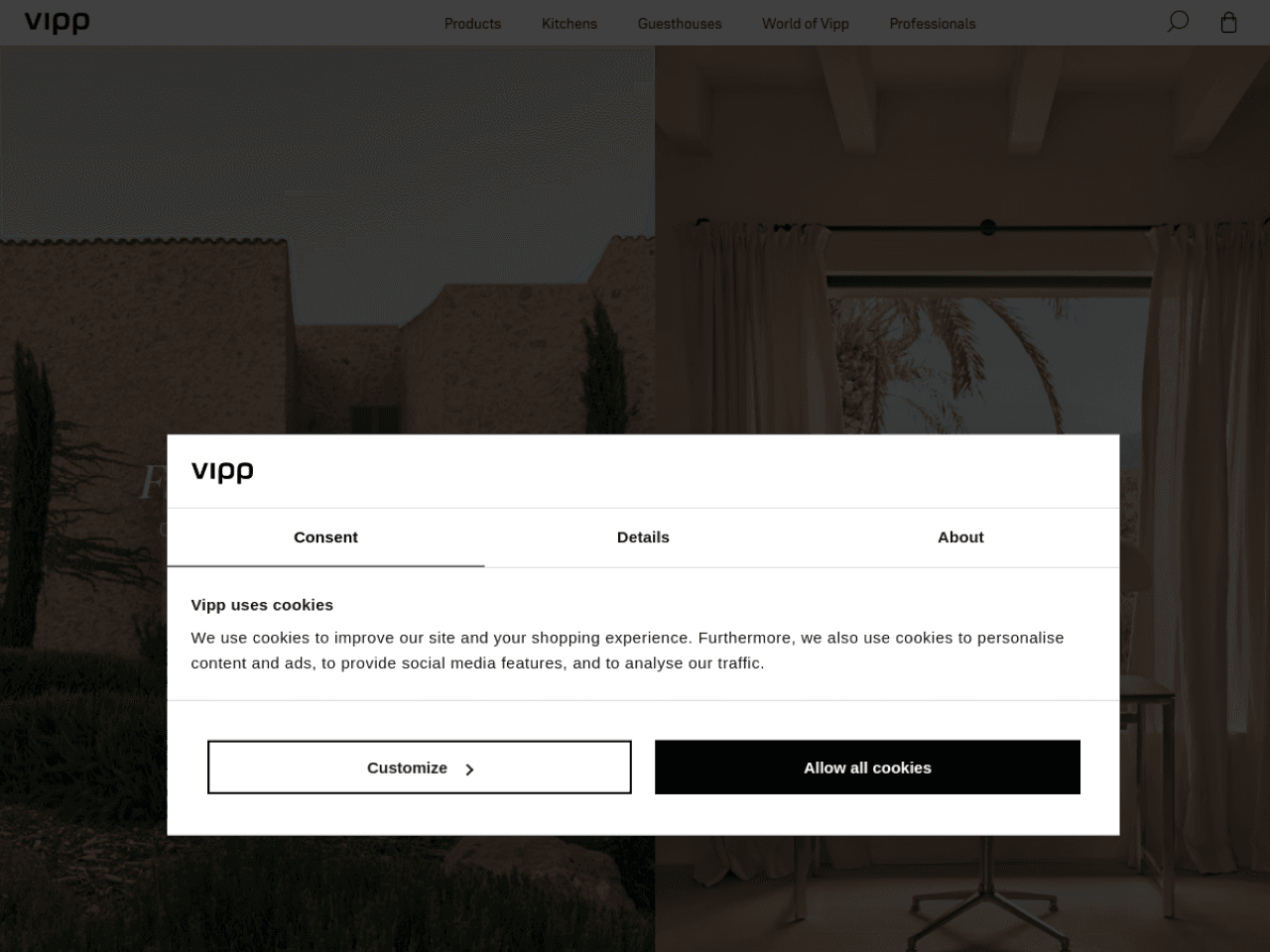 Vipp 웹사이트 데스크톱 화면 스크린샷 — 다크 모드, 3D 스타일