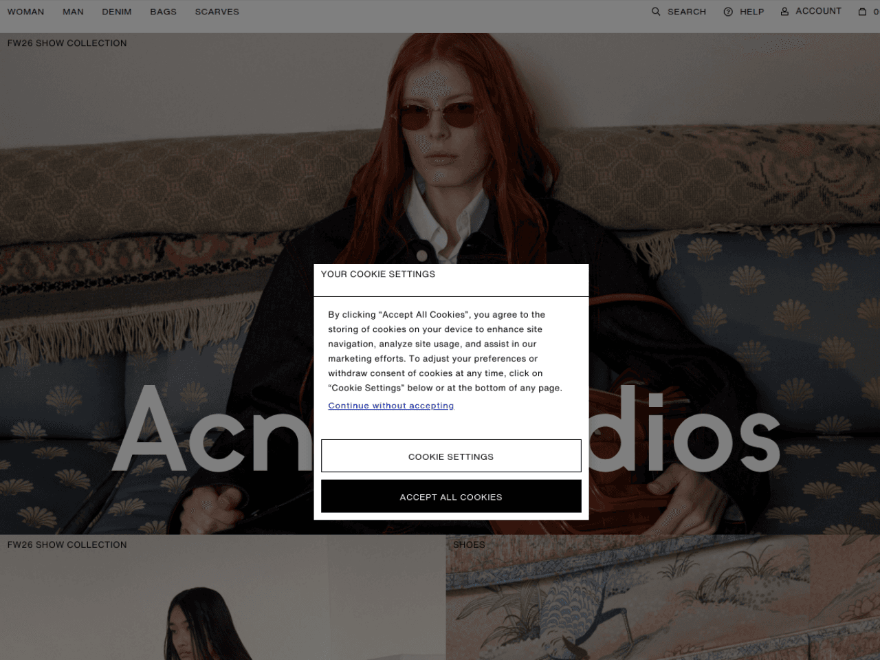 Acne Studios 웹사이트 데스크톱 화면 스크린샷 — 미니멀, 모노크롬 스타일