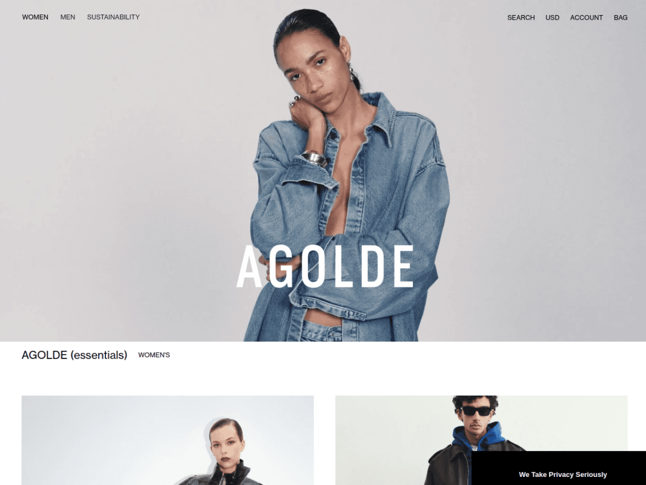 AGOLDE 웹사이트 데스크톱 화면 스크린샷 — 미니멀, 브루탈리즘 스타일