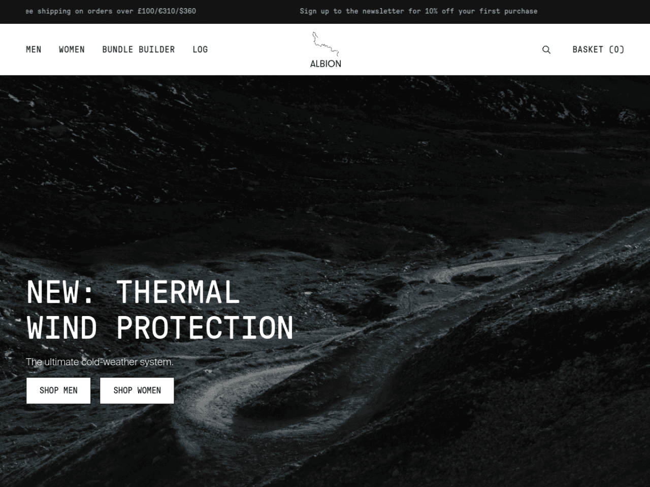 Albion Cycling 웹사이트 데스크톱 화면 스크린샷 — 미니멀, 모노크롬 스타일