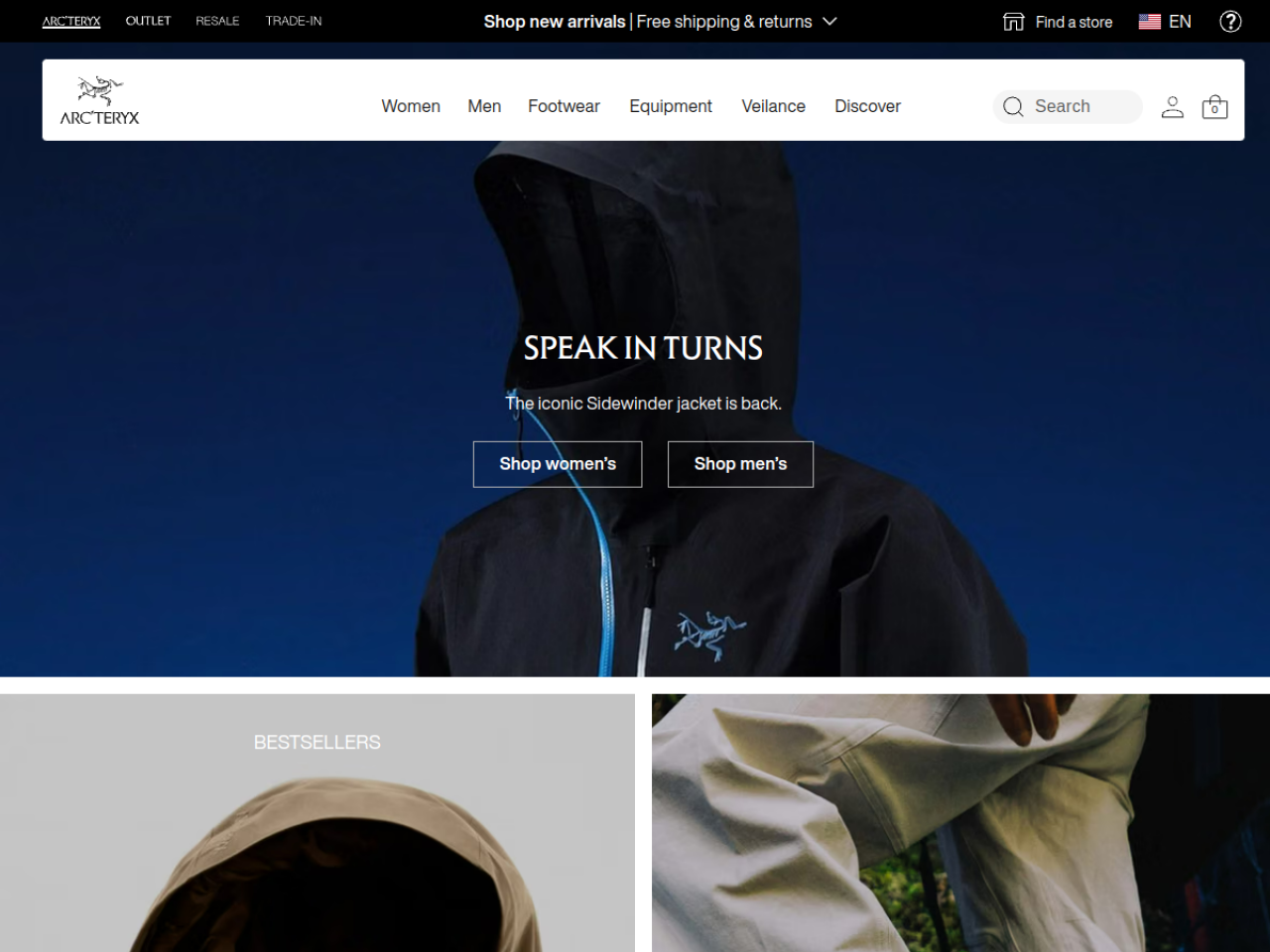 Arc'teryx 웹사이트 데스크톱 화면 스크린샷 — 다크 모드, 타이포그래피 스타일