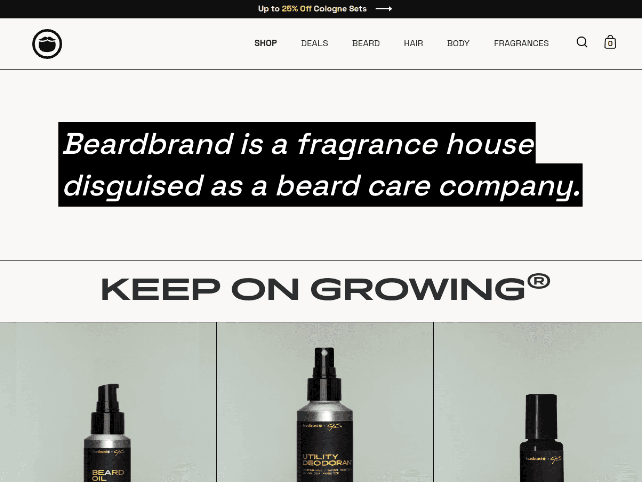 Beardbrand 웹사이트 데스크톱 화면 스크린샷 — 에디토리얼, 모노크롬 스타일