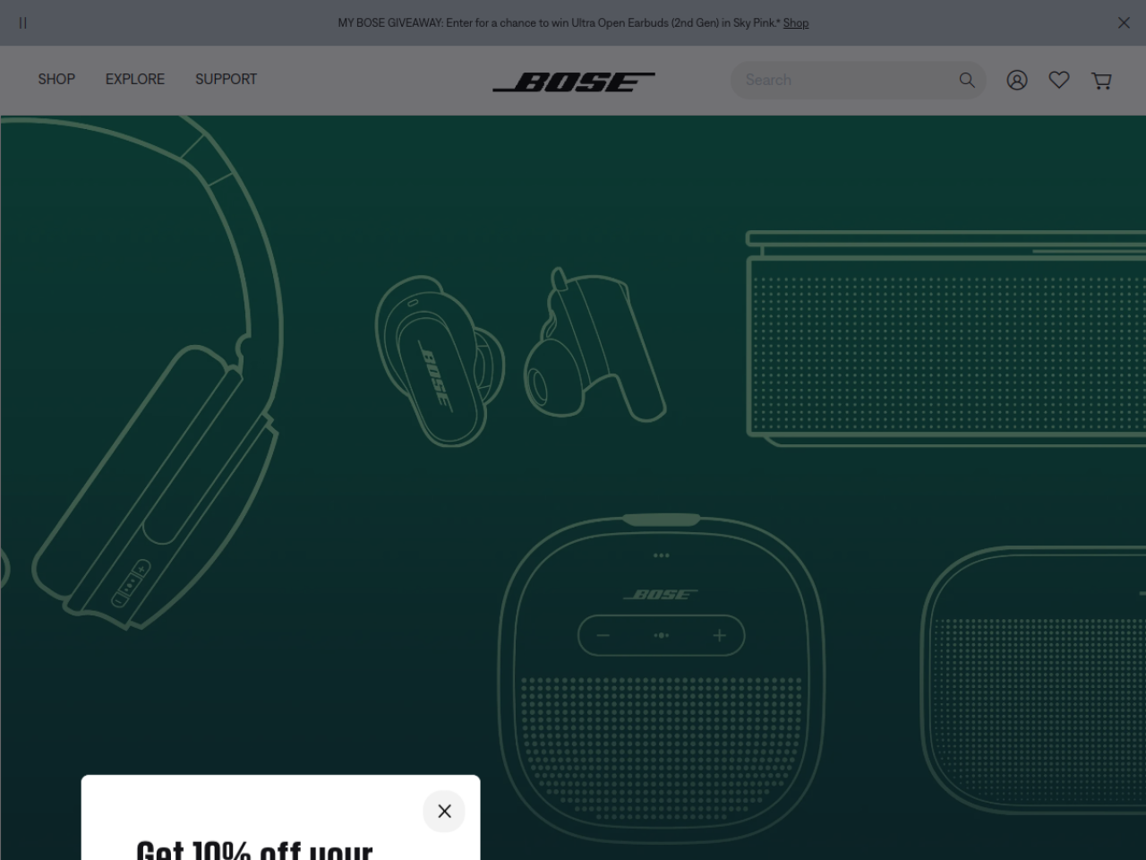 Bose 웹사이트 데스크톱 화면 스크린샷 — 다크 모드, 컬러풀 스타일