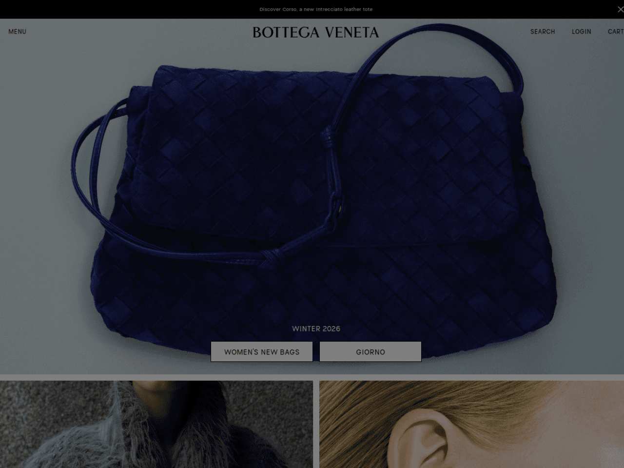 Bottega Veneta 웹사이트 데스크톱 화면 스크린샷 — 미니멀 스타일