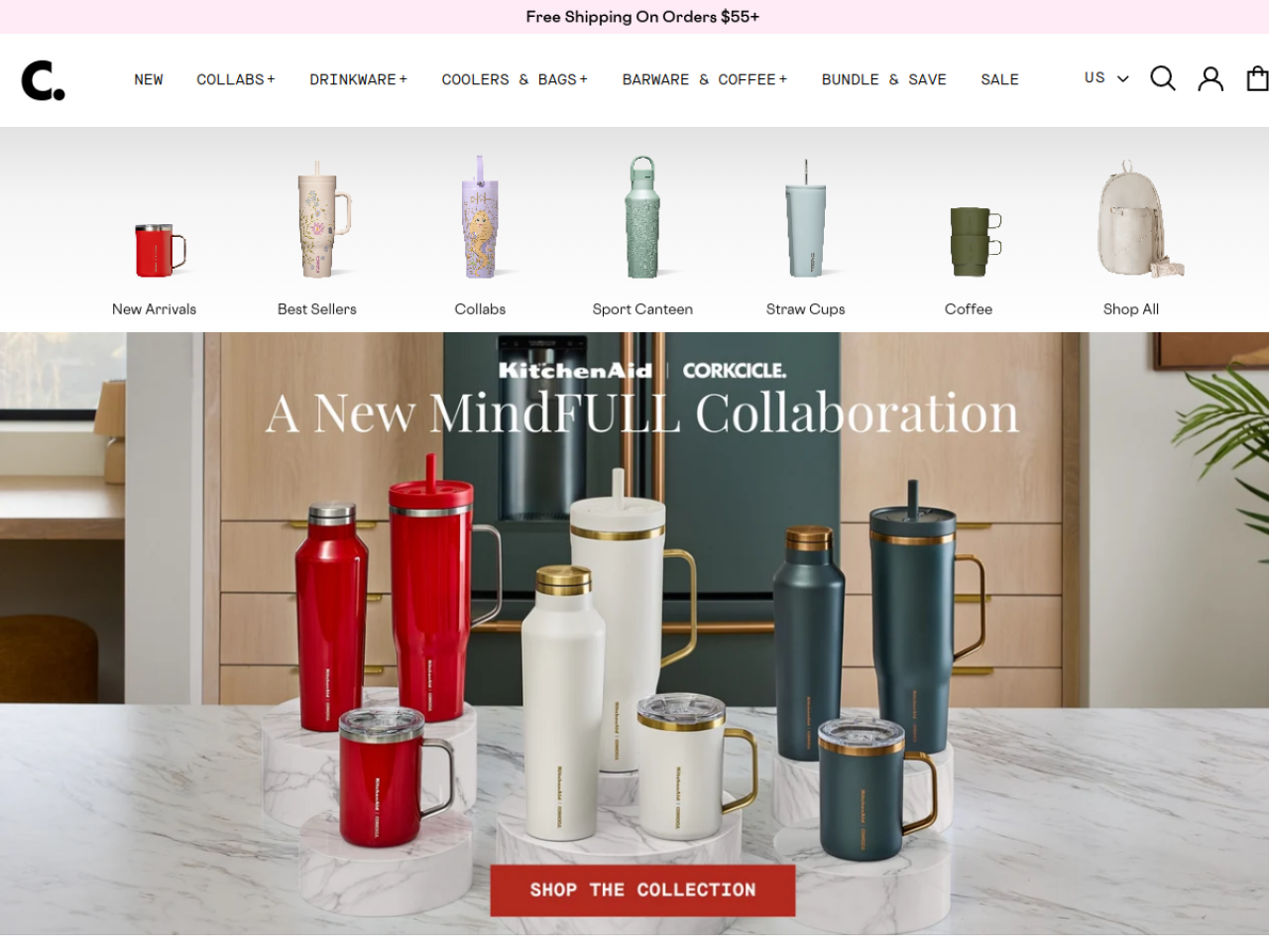 Corkcicle 웹사이트 데스크톱 화면 스크린샷 — 미니멀, 브루탈리즘 스타일