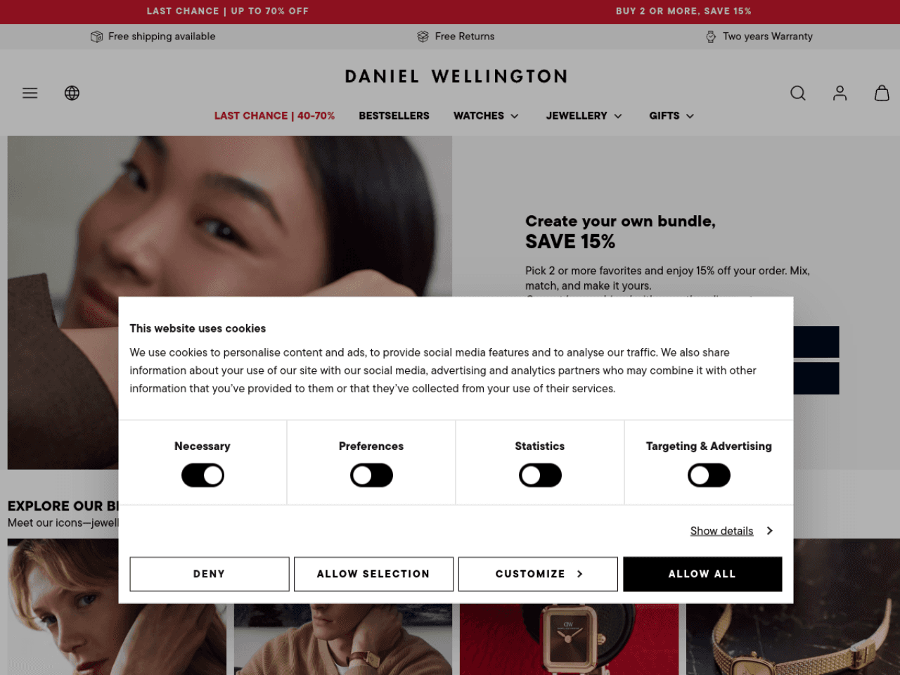 Daniel Wellington 웹사이트 데스크톱 화면 스크린샷 — 미니멀, 플레이풀 스타일