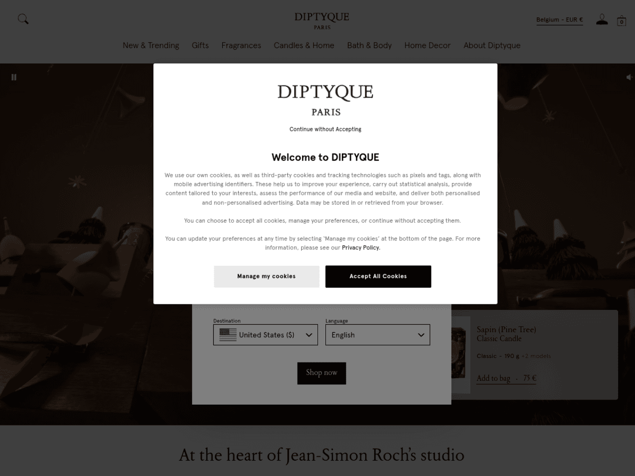 Diptyque 웹사이트 데스크톱 화면 스크린샷 — 에디토리얼, 인터랙션·애니메이션 스타일