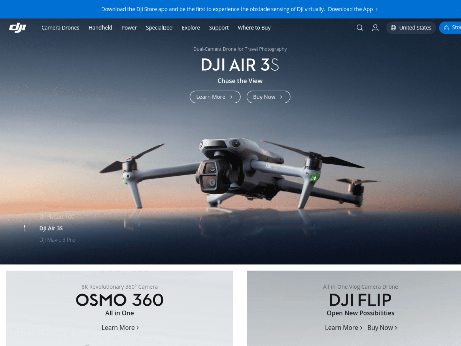 DJI 웹사이트 데스크톱 화면 스크린샷 — 다크 모드, 모노크롬 스타일