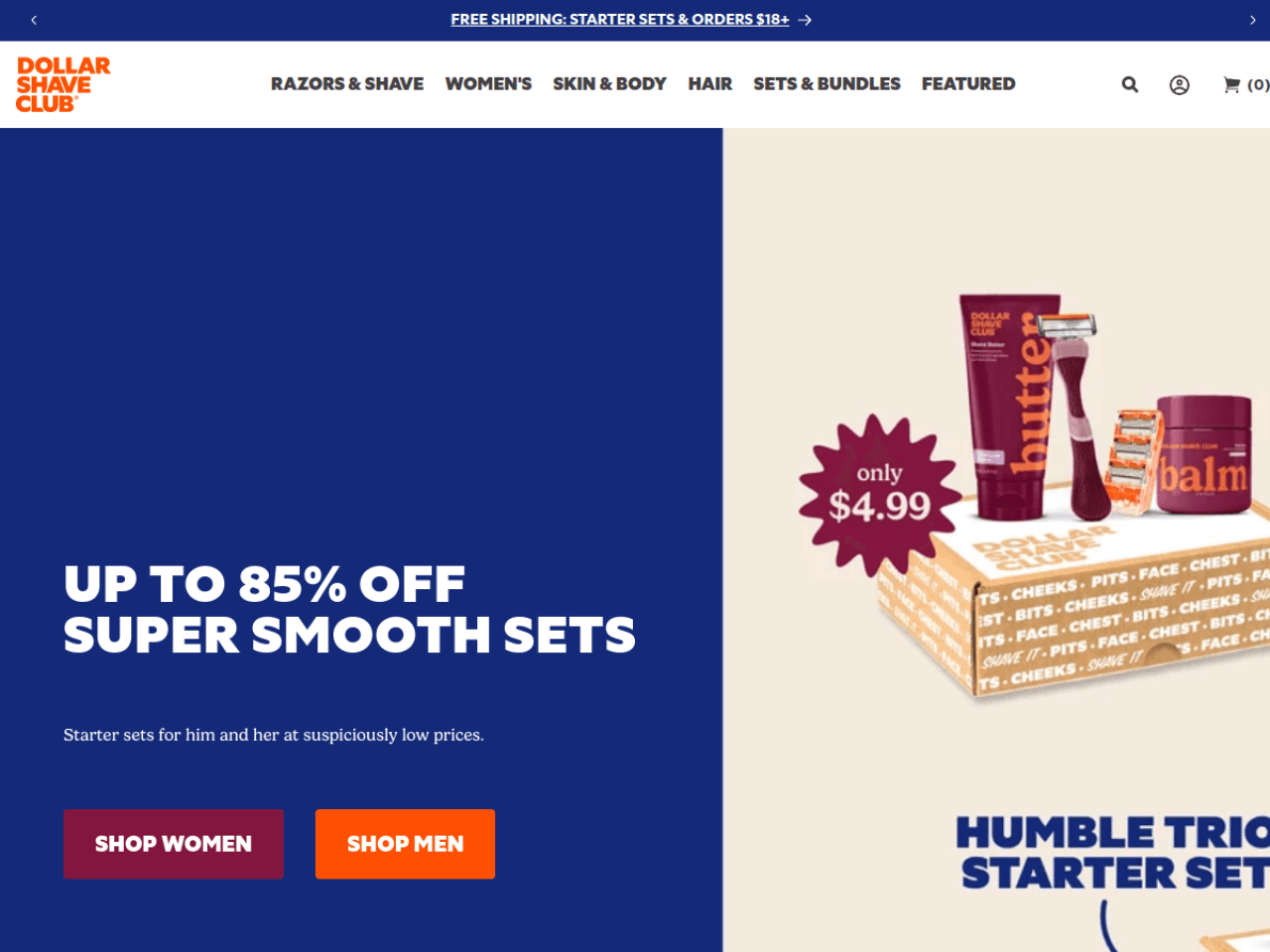 Dollar Shave Club 웹사이트 데스크톱 화면 스크린샷 — 플레이풀, 브루탈리즘 스타일