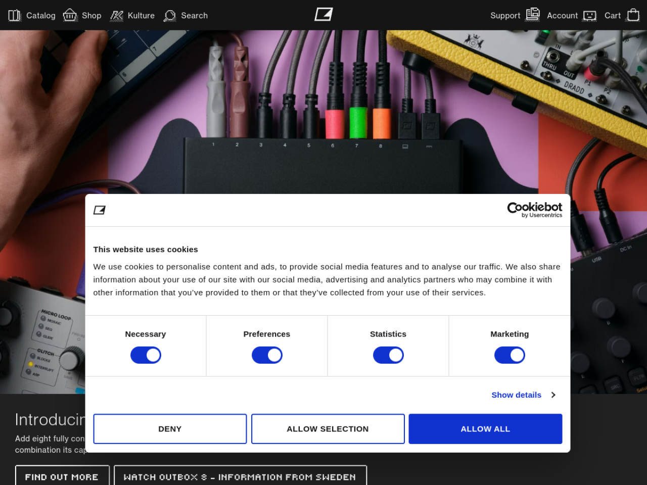 Elektron Music Machines 웹사이트 데스크톱 화면 스크린샷 — 다크 모드, 인터랙션·애니메이션 스타일