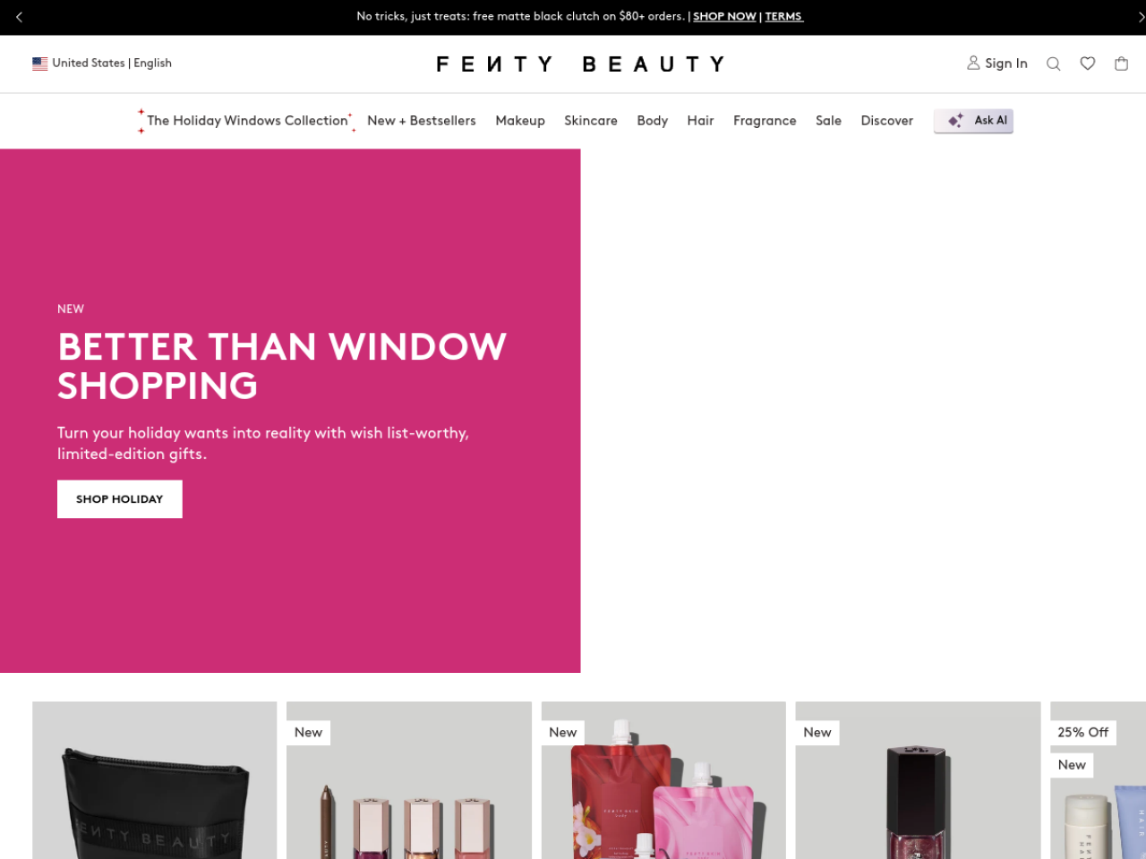 Fenty Beauty 웹사이트 데스크톱 화면 스크린샷 — 다크 모드, 브루탈리즘 스타일