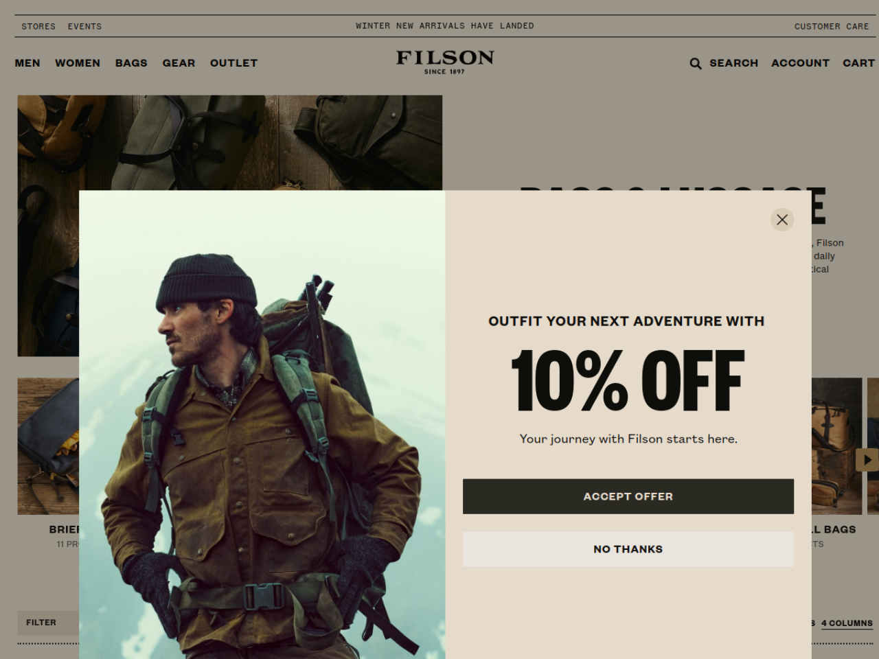 Filson Bags 웹사이트 데스크톱 화면 스크린샷 — 레트로, 플레이풀 스타일