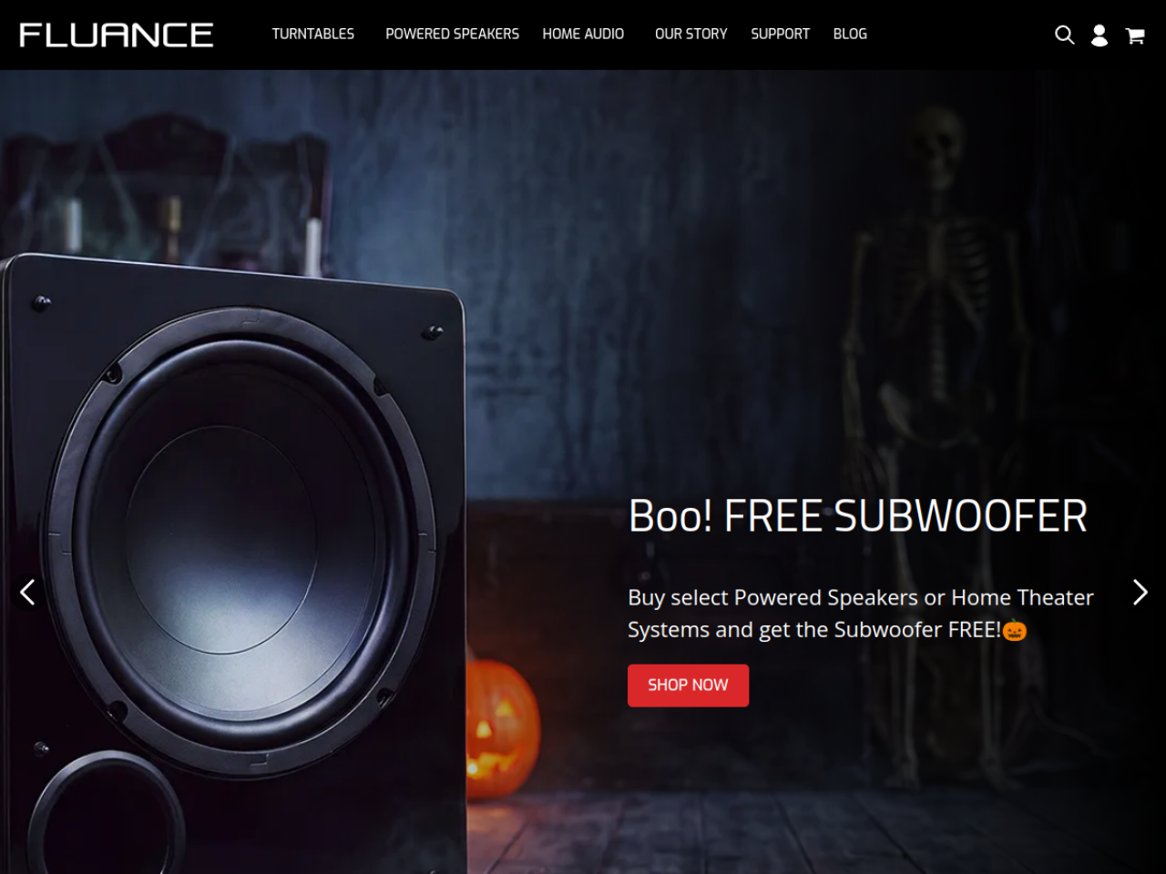 Fluance Audio 웹사이트 데스크톱 화면 스크린샷 — 다크 모드, 컬러풀 스타일