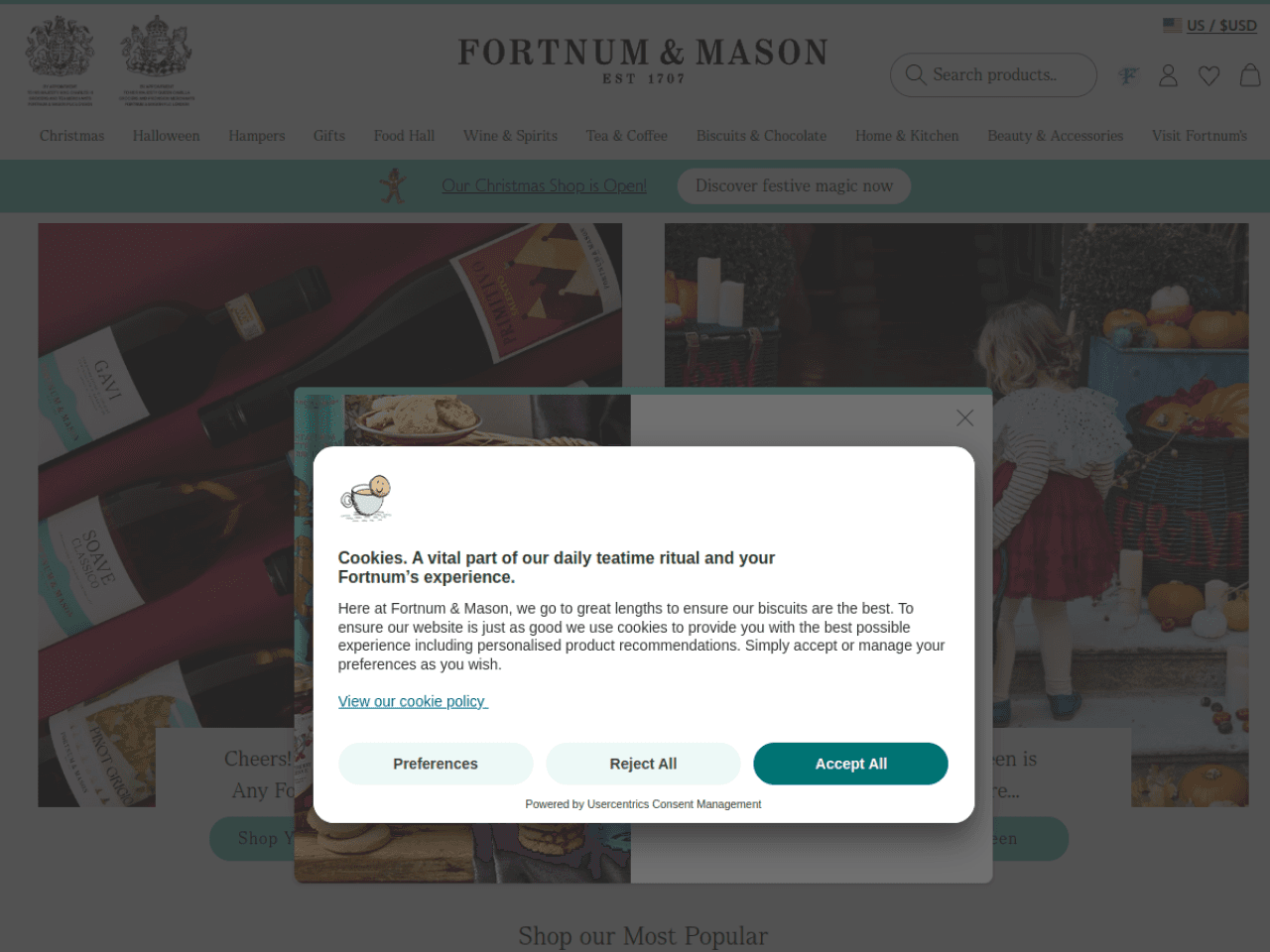 Fortnum & Mason 웹사이트 데스크톱 화면 스크린샷 — 에디토리얼, 다크 모드 스타일