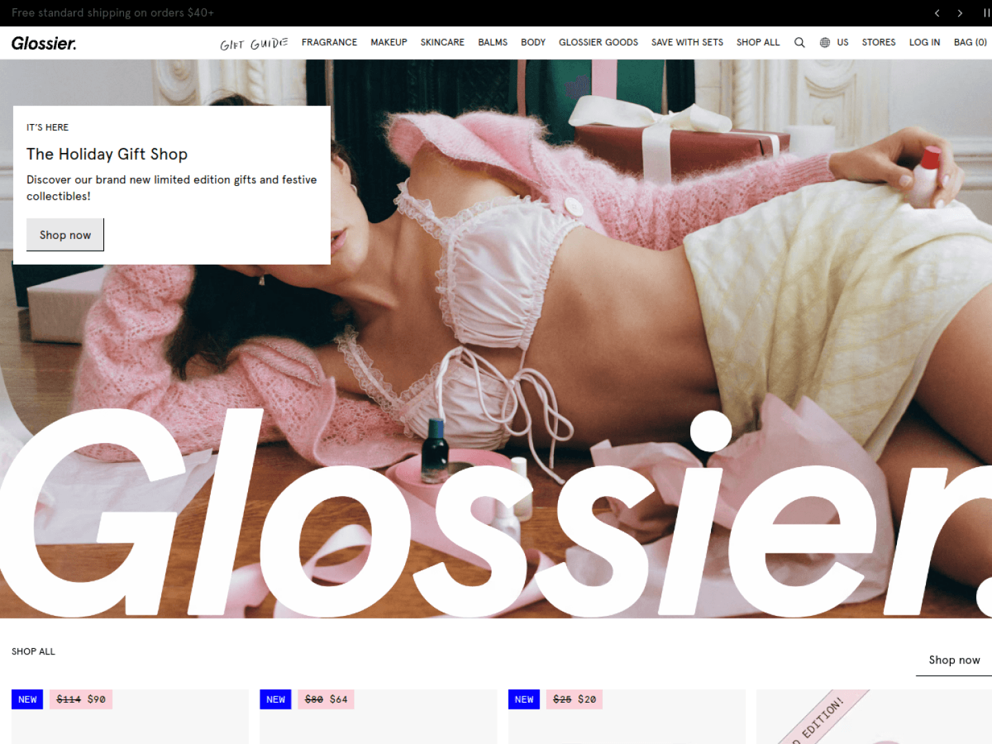 Glossier 웹사이트 데스크톱 화면 스크린샷 — 플레이풀, 브루탈리즘 스타일