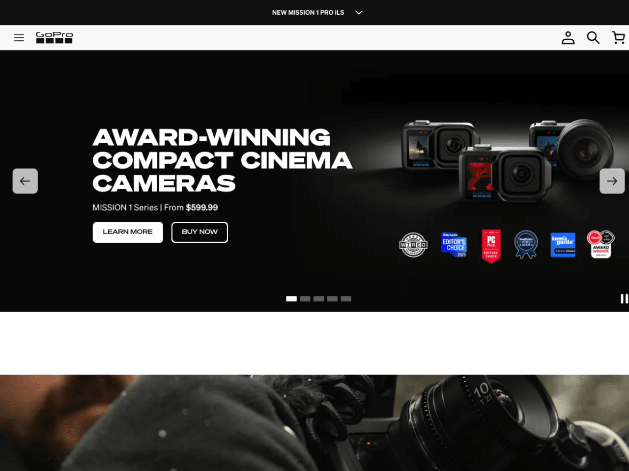 GoPro 웹사이트 데스크톱 화면 스크린샷 — 다크 모드, 기업형 스타일