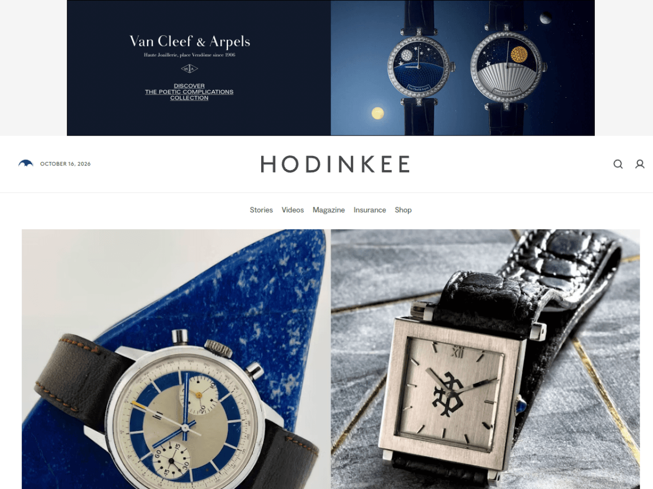 Hodinkee 웹사이트 데스크톱 화면 스크린샷 — 에디토리얼, 컬러풀 스타일