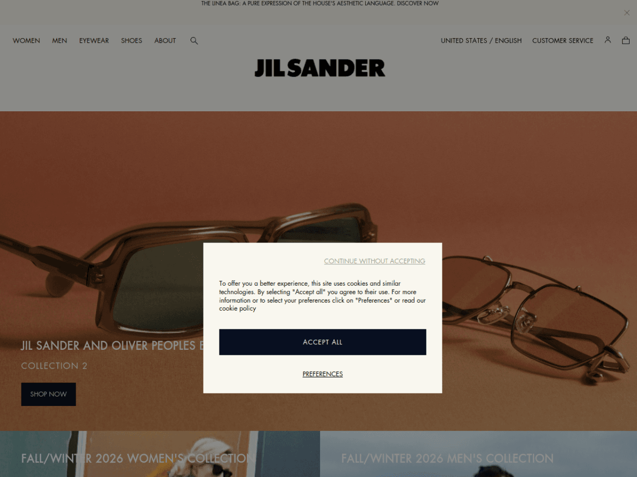 Jil Sander 웹사이트 데스크톱 화면 스크린샷 — 미니멀, 다크 모드 스타일