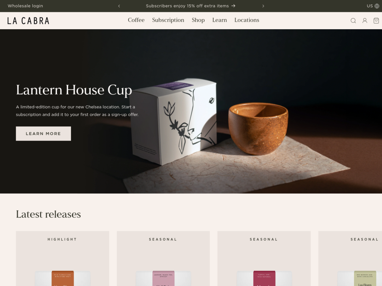 La Cabra Coffee 웹사이트 데스크톱 화면 스크린샷 — 미니멀, 모노크롬 스타일
