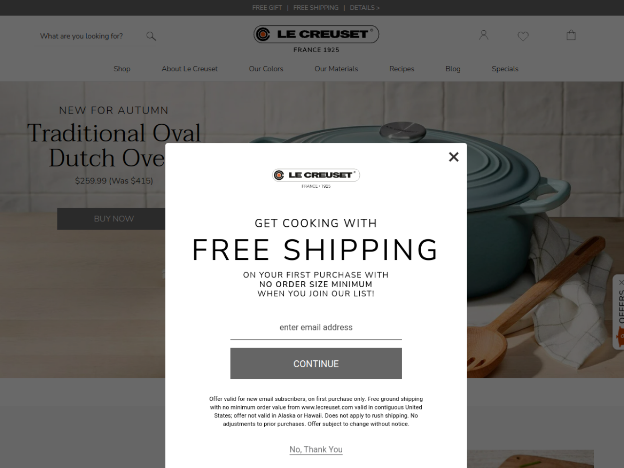 Le Creuset 웹사이트 데스크톱 화면 스크린샷 — 컬러풀, 모노크롬 스타일