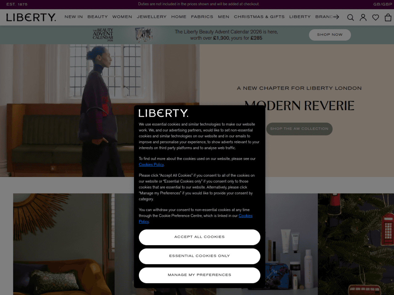 Liberty London 웹사이트 데스크톱 화면 스크린샷 — 에디토리얼, 인터랙션·애니메이션 스타일