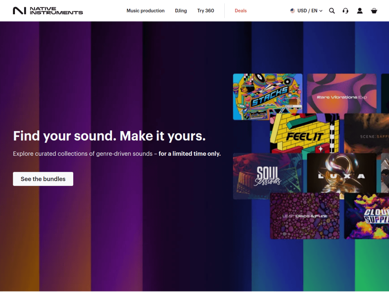Native Instruments 웹사이트 데스크톱 화면 스크린샷 — 다크 모드, 실험적인 스타일
