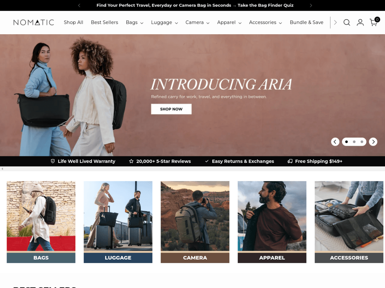 Nomatic Bags 웹사이트 데스크톱 화면 스크린샷 — 다크 모드, 기업형 스타일